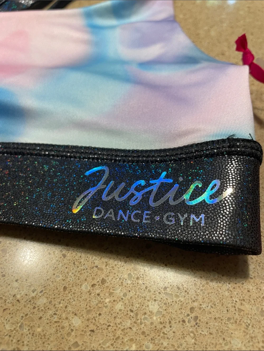 Justice Pastel Tie-Dye Sports Bra/Dance Tank with Black Shimmer Band